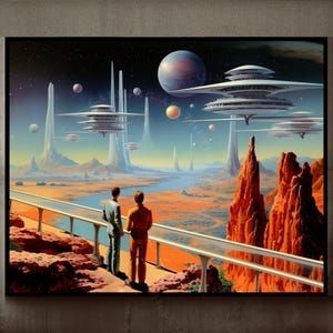 Wall Art Print Retro Futuristic Space Men Sci-Fi Landscape Terrace, Horizontal Large Poster, Cosmic, Planets, Surreal, NASA, Home Decor Gift
