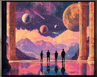 Poster Stargazing Cosmic Space Horizontal Wall Art Print, Starry Sky, Ready to Hang, Retro-Futuristic SciFi, Celestial Landscape, Home Decor