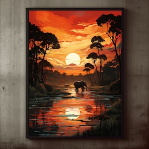 Póster de safari al atardecer con elefantes, arte de pared, arte romántico de la naturaleza, nostálgico, África, paisaje de sabana, arte de viaje, arte animal, maximalista