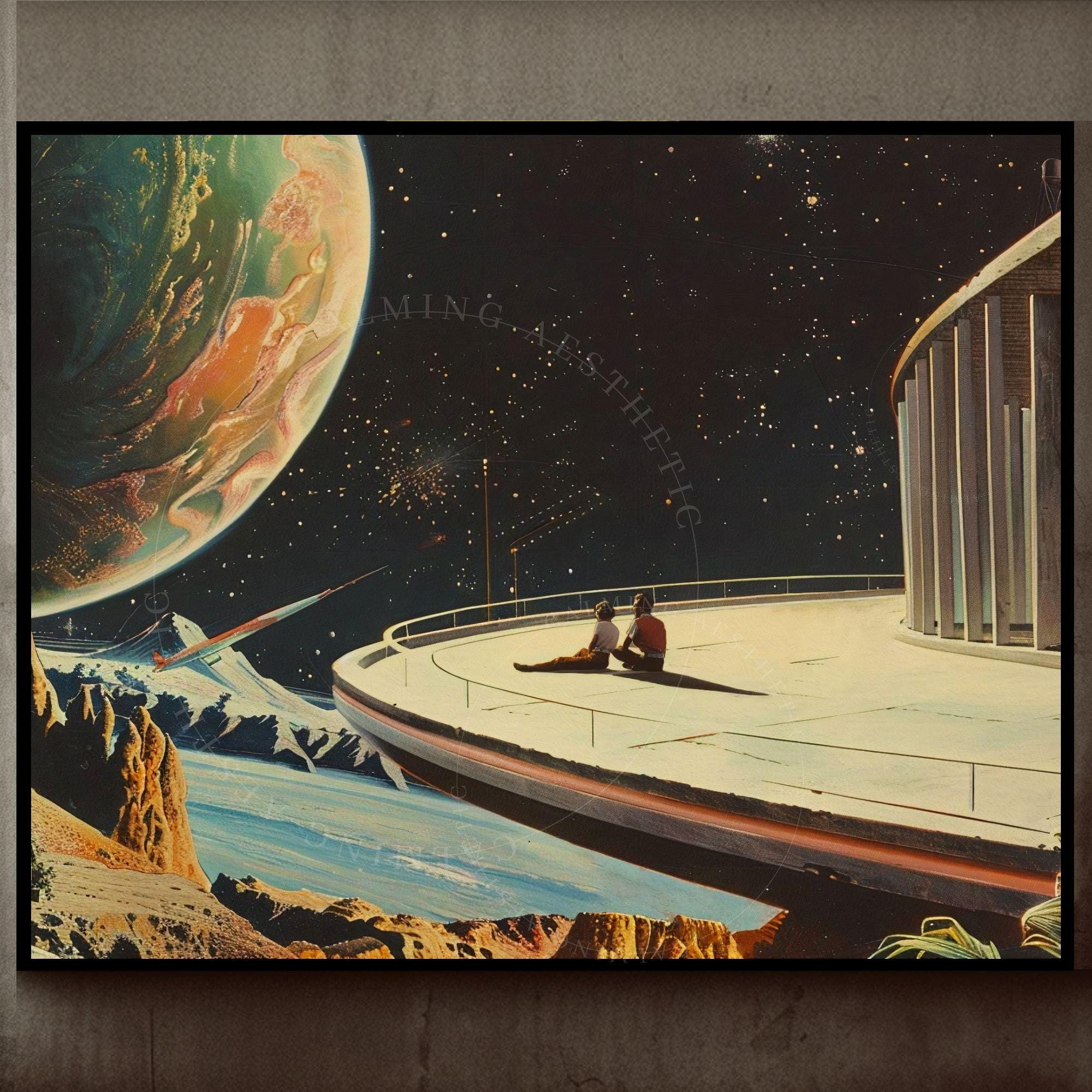 Large Poster Retro Futuristic Space Date Wall Art Print - Vintage Mid-Century Sci-Fi Terrace Planet Landscape, Cosmic Couple, Horizontal Art
