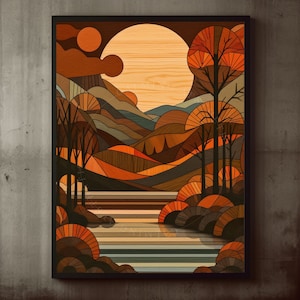 Poster Abstrakter Holzstil Wald Natur Wandkunst, Nordische Natur, Mid-Century Modern, Berglandschaft, Abstrakte Kunst, surreal, Boho