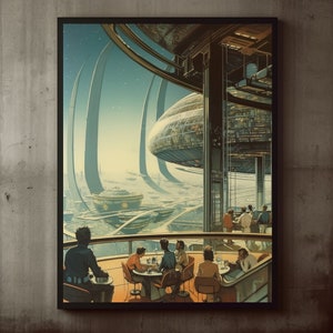Poster Retro Futuristic Sci-Fi Space Bar Terrace Wall Art Print, Large Poster, Retro Artwork, Surreal, Cosmic, Vintage, Home Decor, Art Gift