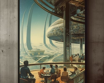 Poster Retro Futuristic Sci-Fi Space Bar Terrace Wall Art Print, Large Poster, Retro Artwork, Surreal, Cosmic, Vintage, Home Decor, Art Gift