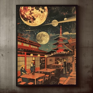 Poster Japanese Pagoda Cosmic Kyoto Wall Art Print, Retro Sci-Fi Wall Decor, Surreal Moon Art, Vintage Japanese Art, Celestial, Travel Art