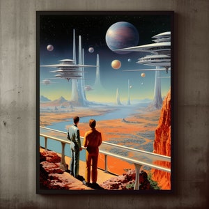 Poster Retro Futuristic Space Men Sci-Fi Landscape Terrace Wall Art Print, Large Poster, Cosmic, Planets, Surreal, NASA Art, Home Decor Gift