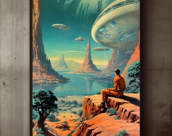 Poster Retro Aesthetic Sci-fi Multidimensional Landscape Art Print, Retro Space Art, Vintage Wall Art Decor, Cosmic, Retro Futurism, Man