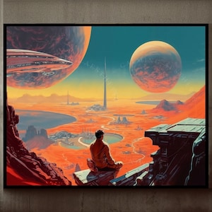 Large Poster Retro Futurism Boy Expansive Landscape Horizontal Wall Art Print, Sci-Fi Art, Cosmic Space, Surreal, Vintage Wall Art Decor