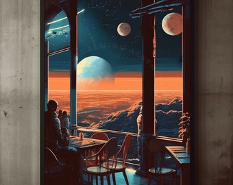 Poster Space Cafe Terrace Collage Art Print, grote poster, retro-futurisme kunst, vintage kunst aan de muur, zonsondergang, surrealistische kunst, Sci-Fi, Wall Art Decor