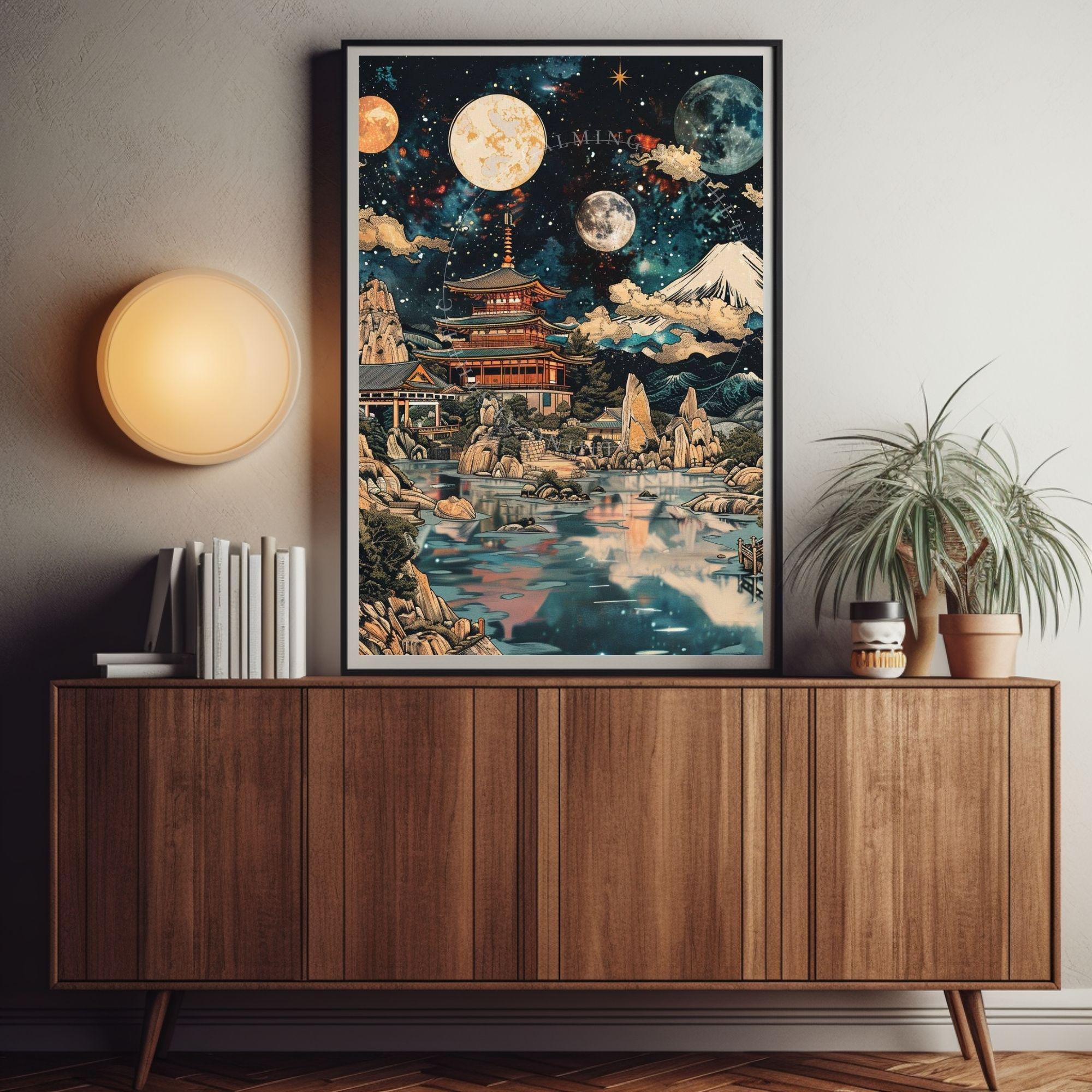 Poster Japanese Pagoda Cosmic Wall Art Print, Surreal Sci-fi Wall