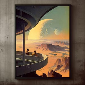Poster Retro Sci-fi Alien Desert Planet Landscape Wall Art Print, Cosmic Mid-Century Modern Space Wall Decor, Futuristic Art, Vintage Art