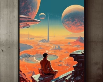 Poster Retro Futurism Boy Expansive Landscape Wall Art Print, Large Poster, Sci-Fi Art, Cosmic  Space Art, Surreal, Vintage Wall Art Decor