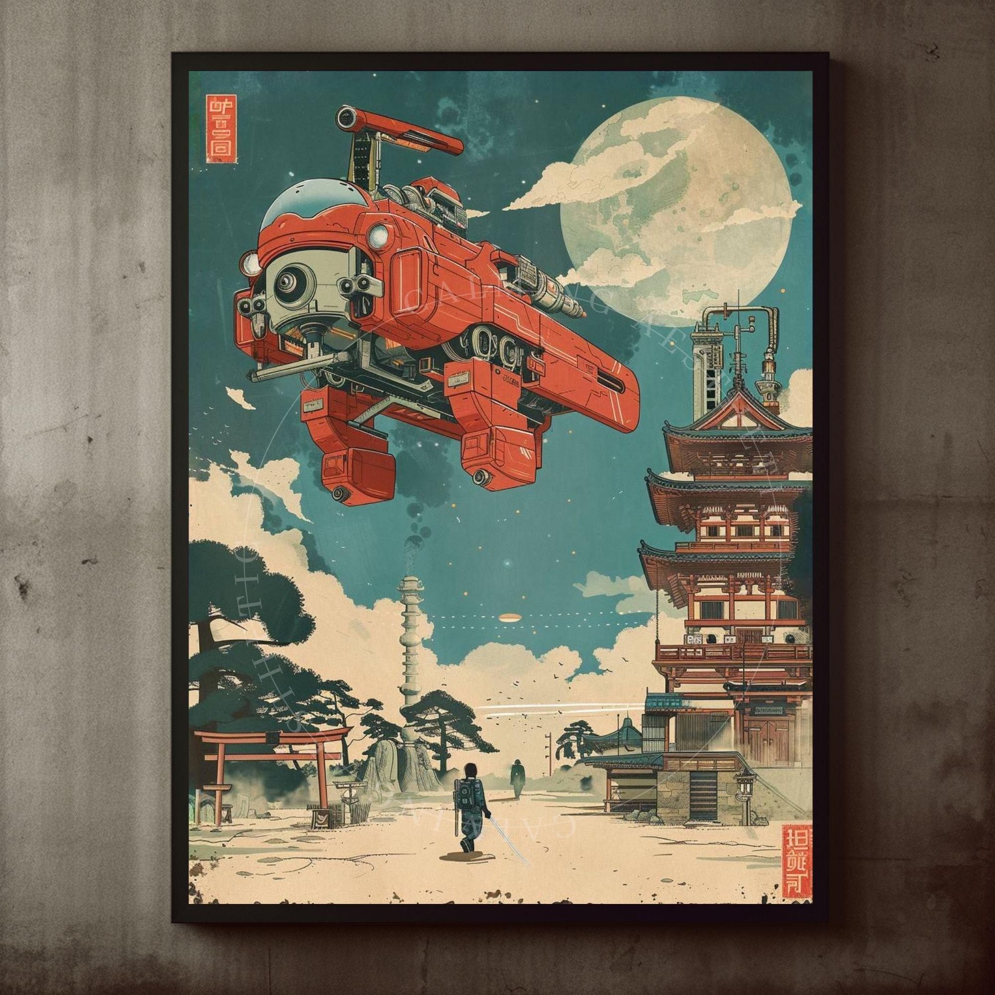 Poster Retro Futuristic Spaceship Japanese Pagoda Wall Art Print