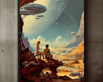 Digital Download Retro Futurism Couple Space Landscape Art Print, Vintage Poster, Cosmic, Surreal Art, Sci-fi, Wall Art Decor, Space Art