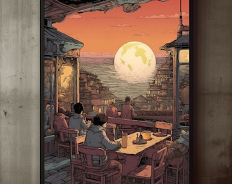 Digital Download Ukiyo-e Scifi Town Surreal Cafe Terrace Wall Art Print, Japanese Illustration, Nostalgic Nightlife, Fantasy, Cosmic Art