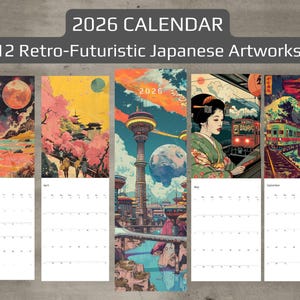 Calendrier mural 2026 - calendrier d&#39;art japonais rétro futuriste, cadeau de Noël, 12 oeuvres d&#39;art, science-fiction, art du voyage, cyberpunk, maximaliste éclectique
