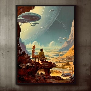 Póster de arte de pared con paisaje espacial multidimensional de pareja de ciencia ficción retro, futurismo retro, vintage, cósmico, surrealista, decoración artística de ciencia ficción