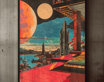 Poster Retro Futuristic Cityscape Penthouse Wall Art Print, Sci-Fi Home, Cosmic Mid-Century Modern Space Decor, Retro Wall Art, Vintage Art