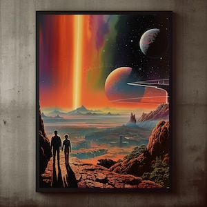 Poster Retro Space Aurora Multidimensional SciFi Landscape Wall Art Print, Ready To Hang, Retro Futuristic, Surreal Planet, Cosmic Light