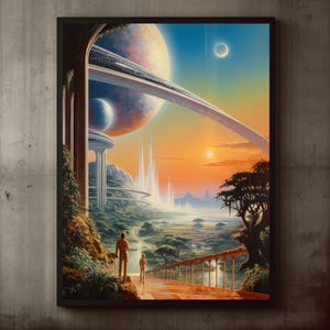 Poster Retro Futurism Expansive Sunset Landscape Wall Art Print, Sci-Fi, Futuristic Planet, Surreal Cosmic Mid-Century Space Decor, Vintage