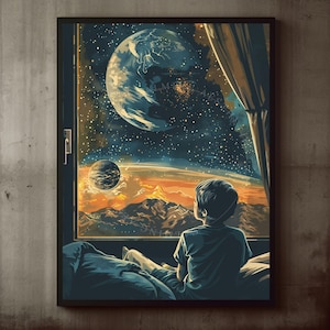 Poster Retro Sci-Fi Space Boy con grandi sogni Stampa artistica da parete, Decorazione da parete spaziale vintage, Sognante nostalgico, Pianeti, Decorazione per la camera dei ragazzi, Bambini