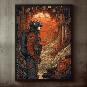Impresión de arte mural de ciencia ficción Ukiyo-e con astronauta, collage japonés, distópico, ciberpunk, hombre con traje espacial, retro futurista, descarga digital