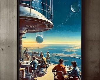 Poster Space Terrace Expansive View Art, Sci-Fi, Large Poster, Retro Futurism Art, Vintage, Retro Aesthetic, Sunset, Surreal, Wall Art Decor