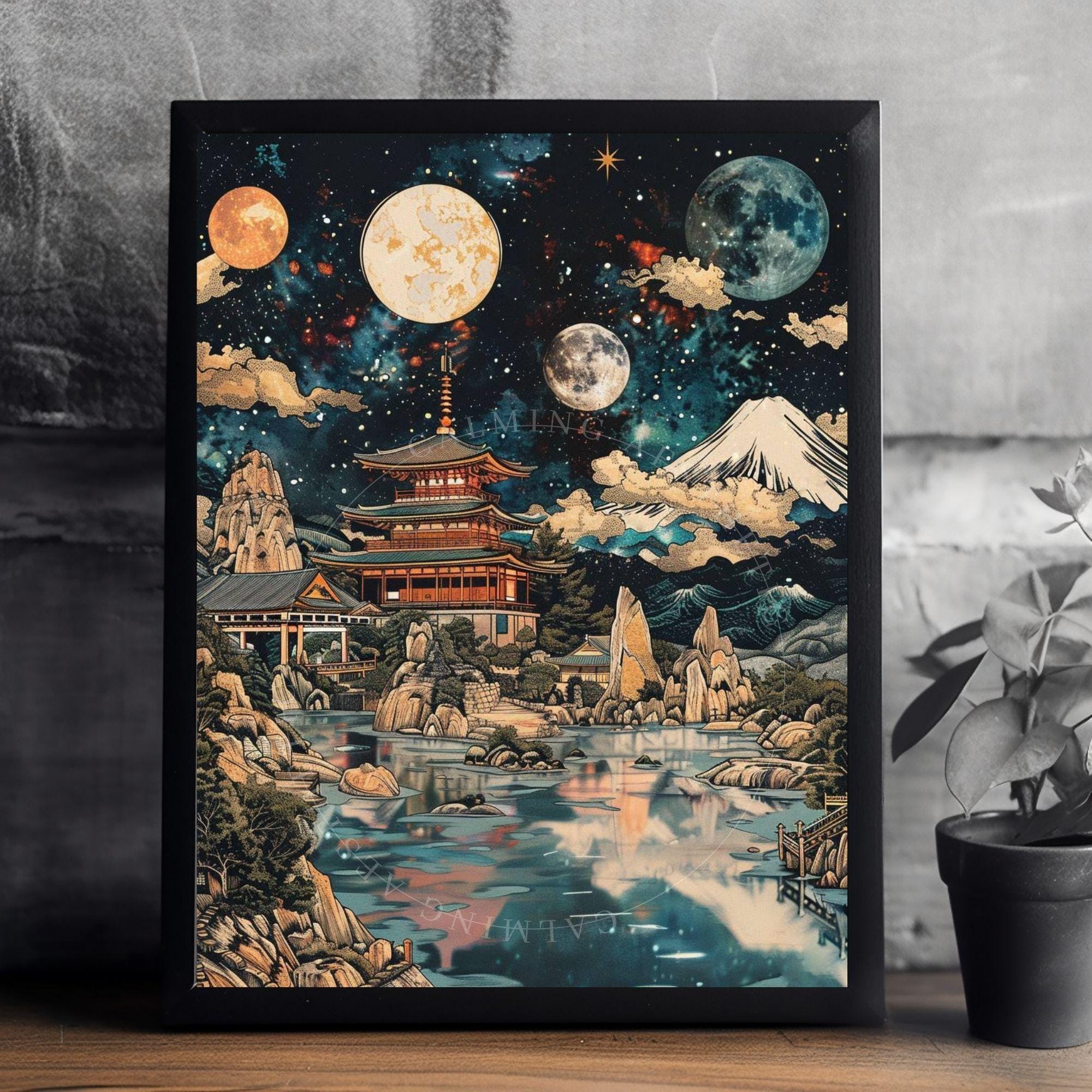 Poster Japanese Pagoda Cosmic Wall Art Print, Surreal Sci-fi Wall