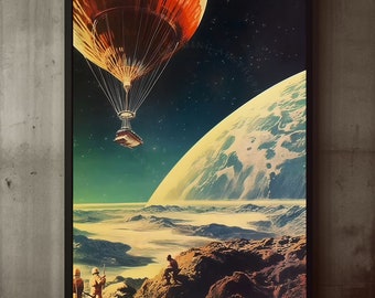 Digital Download Retro Futurism Hot Air Balloon Space Adventure Collage Wall Art Print, Vintage Home Decor, Retro Scifi, Surreal Art