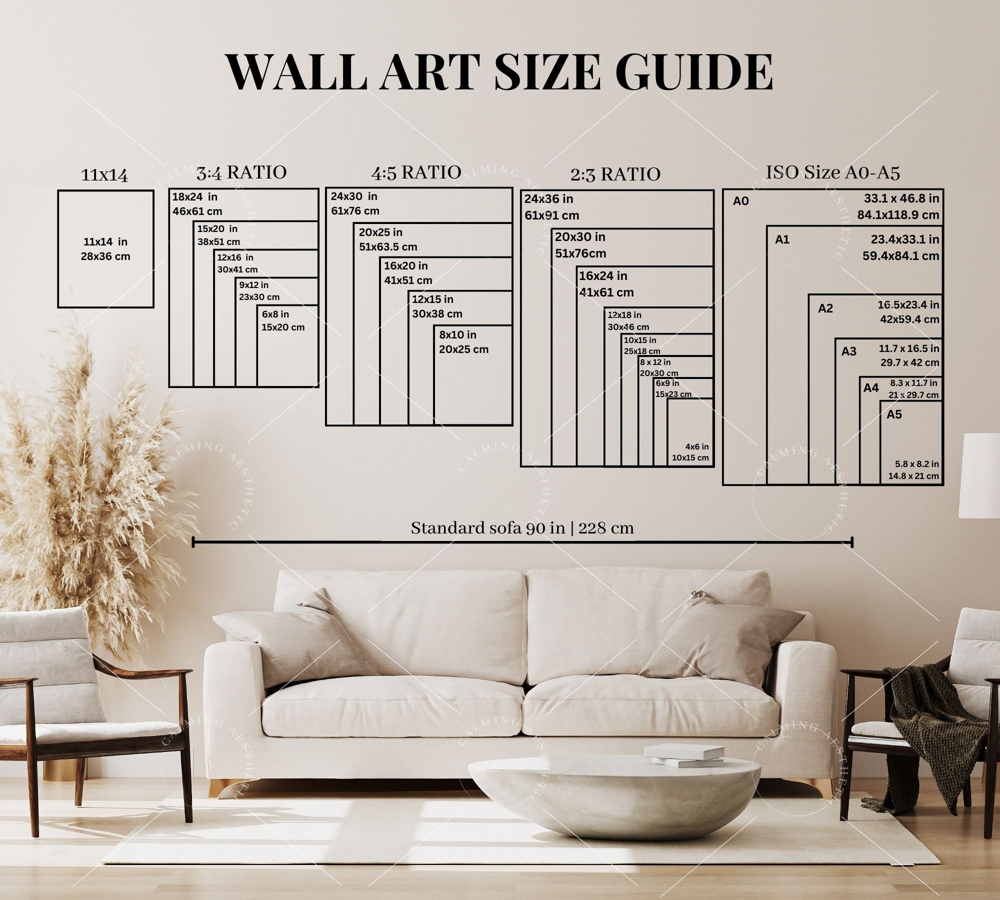 Wall Art Size Guide Set of 2, Frame Size Guide, Print Size
