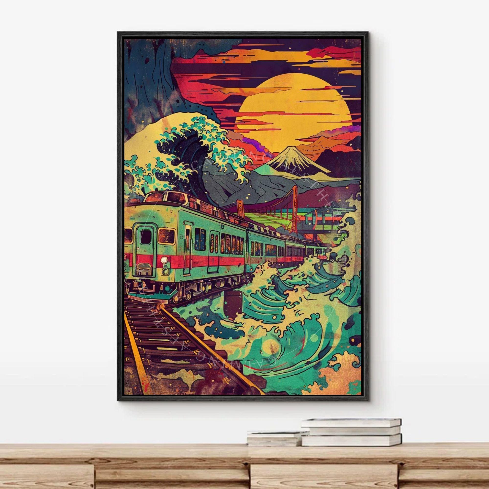 Poster Colorful Japanese Wave Train Collage Wall Art Print, Retro
