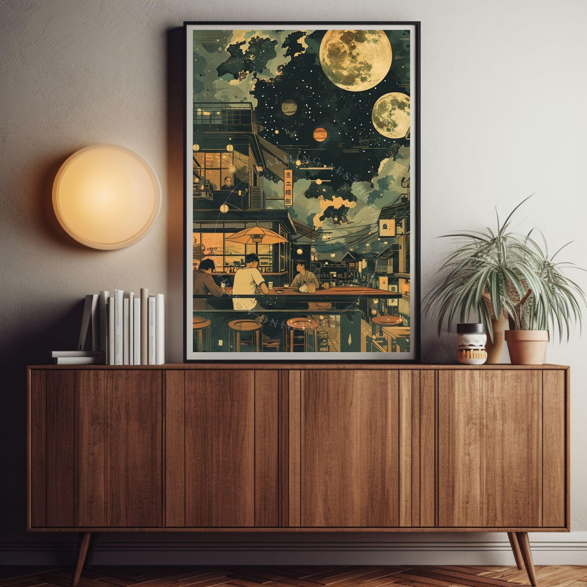 Poster Japanese Street Cosmic Bar Wall Art Print, Japanese Sci-fi