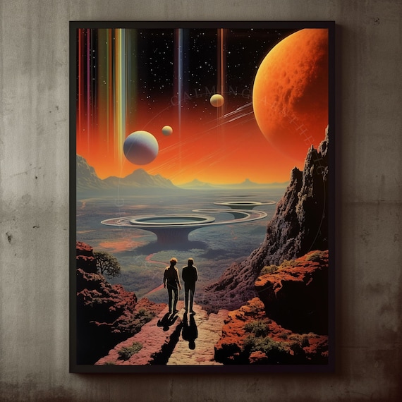 Poster Retro Sci-fi Meteor Lights Multidimensional Space Landscape