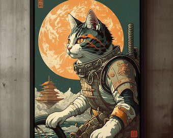 Digital Download Ukiyo-e Scifi Cat Wall Art Print, Space Art, Animal Art, Surreal, Collage, Retro Aesthetic, Retro Futurism, Japanese Poster