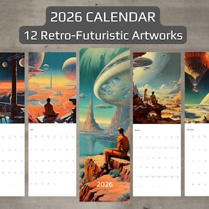 Könnte beinhalten: Ein Kalender für 2026 mit 12 retro-futuristischen Kunstwerken. Jeder Monat zeigt ein anderes Bild mit einem futuristischen Thema, wie Raumschiffe, fliegende Autos und Roboter.