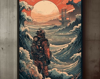 Digital Download Ukiyo-e Sci-Fi Astronaut Japanese Waves Collage Wall Art Print, Retro Futurism, Bright Sun, Man in Space Suit, Space Art