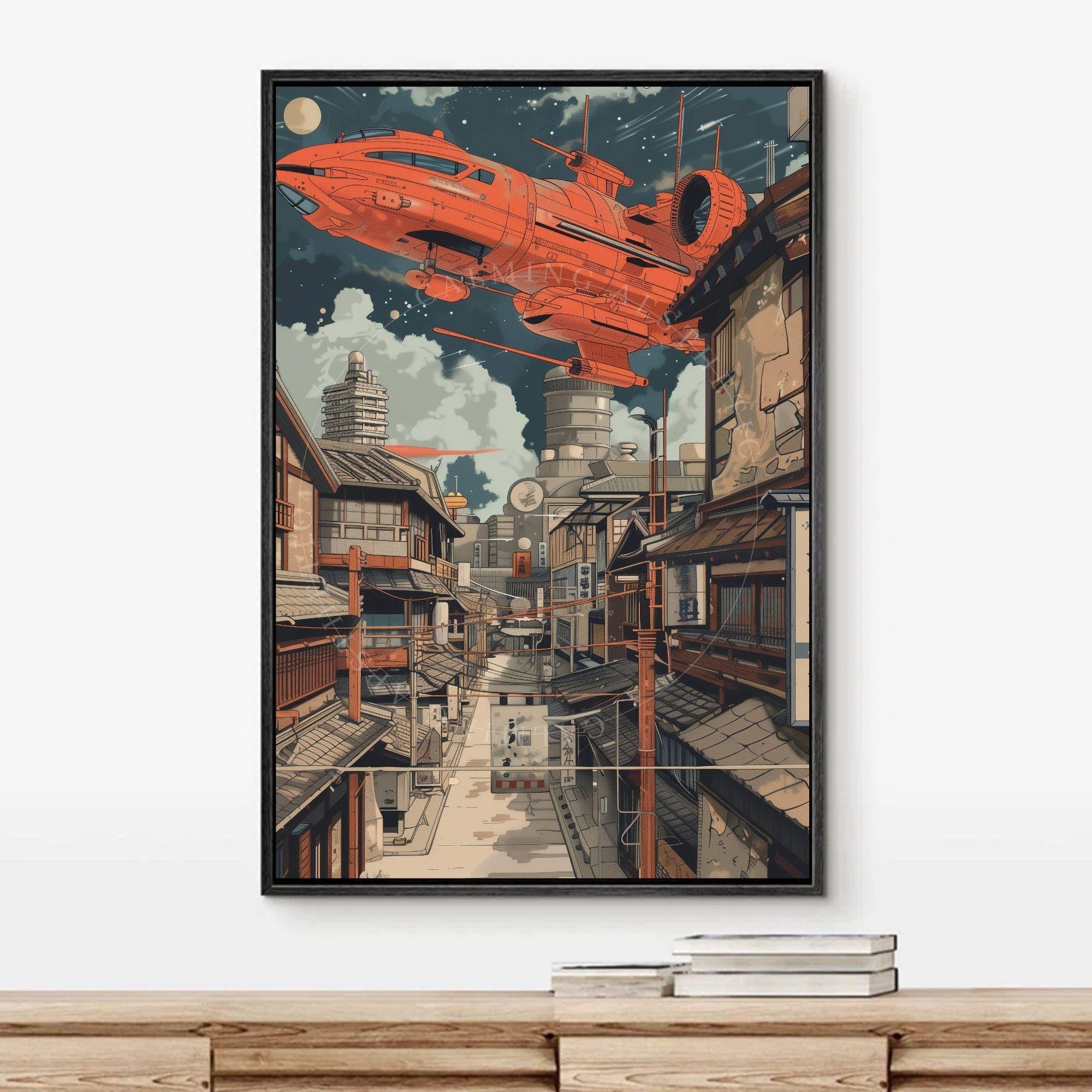 Poster Retro Futuristic Town Spaceship Wall Art Print, Sci-fi