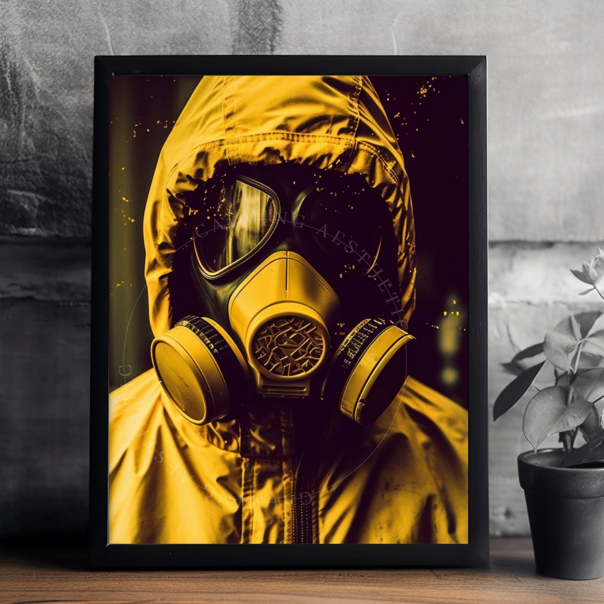 【代引き不可】 Digital Download Yellow Hazmat Suit Man Gas Mask Wall Art その他