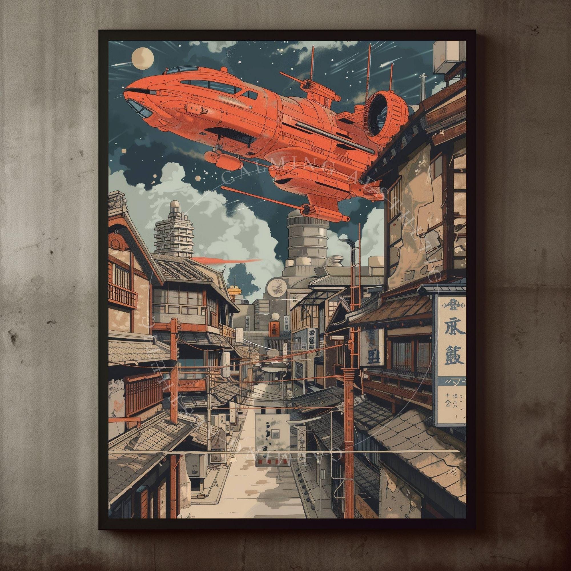 Poster Retro Futuristic Town Spaceship Wall Art Print, Sci-fi