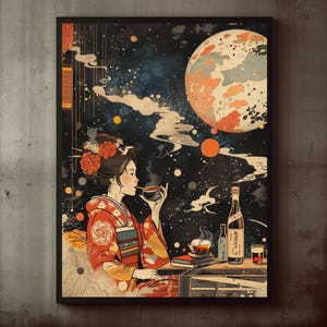 Lámina artística japonesa de pared "Geisha en el espacio", estilo bar cósmico, ciencia ficción ukiyo-e, póster espacial de ensueño, arte japonés vintage, decoración celestial y cósmica para cocina.