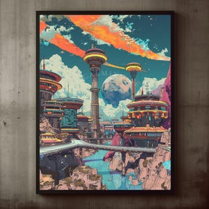 Poster Retro Sci-Fi Cityscape Wall Art Print, Futuristic Wall Decor, Colorful Cyberpunk Art, Surreal Planet, Sci-Fi Home Vintage Space Decor