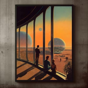 Poster Retro Futuristic Sci-Fi Sunset Space Station Wall Art Print, Ready To Hang, Cosmic Mid-Century Modern Decor, Minimalism, Vintage Art