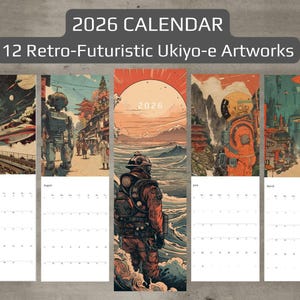 Calendrier mural 2026 - calendrier spatial ukiyo-e de science-fiction, cadeau de Noël, 12 oeuvres d&#39;art, art japonais, rétro futuriste, cyberpunk, steampunk, enfants