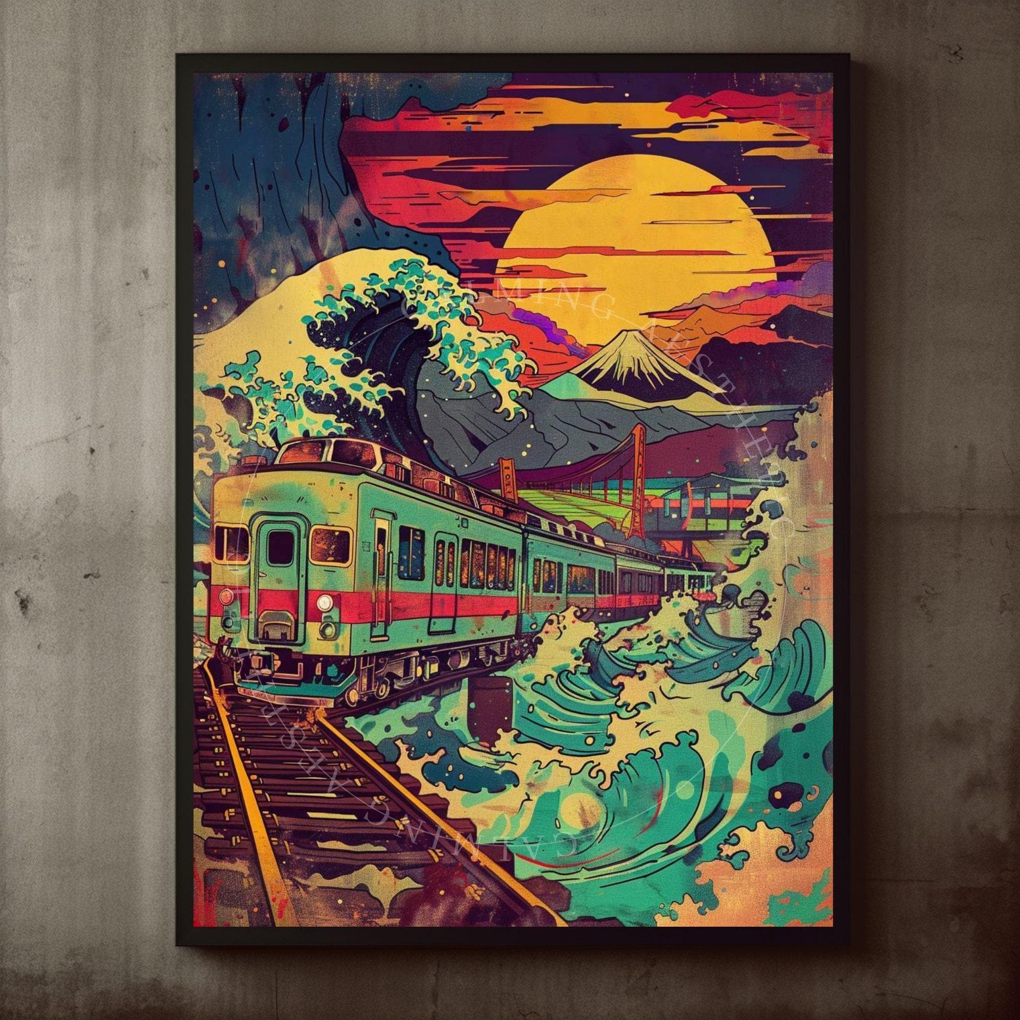 Poster Colorful Japanese Wave Train Collage Wall Art Print, Retro