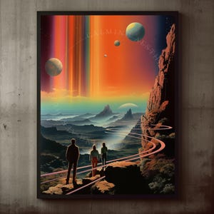 Poster Retro Futuristic Cosmic Rainbow Surreal Sci-Fi Landscape Wall Art Print, Aurora Lights, Surreal Planets, Colorful Vintage Space Decor