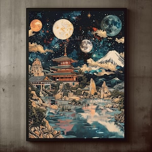 Poster Japanese Pagoda Cosmic Wall Art Print, Surreal Sci-Fi Wall Decor, Mount Fuji Moon Art, Vintage Japanese Art, Celestial Art, Space Art