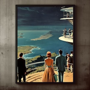 Poster Retro Futuristic Space Balcony Wall Art Print, Retro Futurism, Sci-Fi, Mid-Century Modern Wall Decor, Cosmic, Surreal, Vintage Design
