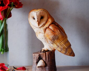 Wooden Barn Owl Father's day Gift Carved: Hand Painted Bird Art Statue Bedroom Decor Cottage
