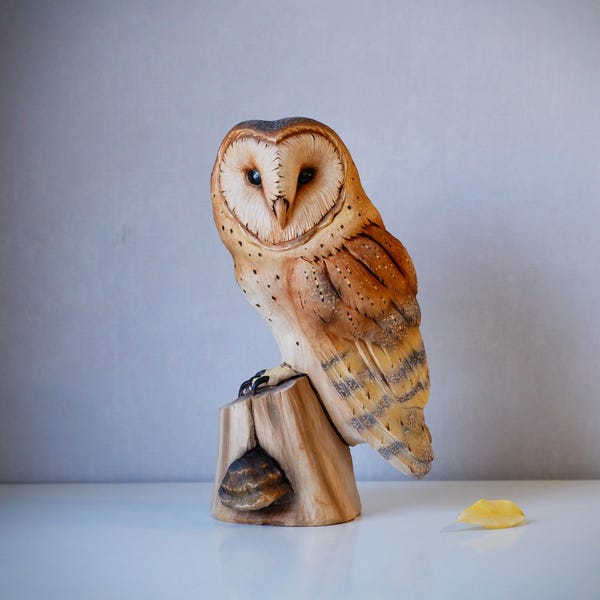 Owl Figurine: Realistic Barn Owl Sculpture hand carved