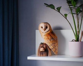 ヴィンテージ木製フクロウ鳥の置物壁掛け絵画手彫り木製動物 