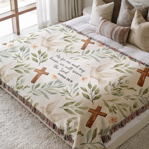 Joshua 24:15 Bible Verse Blanket, Christian Woven Throw With Crosses And Doves, Religious Housewarming Gift, Scripture Blanket For Family